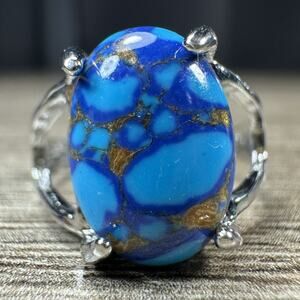 Sterling Silver 925 Blue Beautiful Marbled Stone Ring Oval Western Style Sz 8